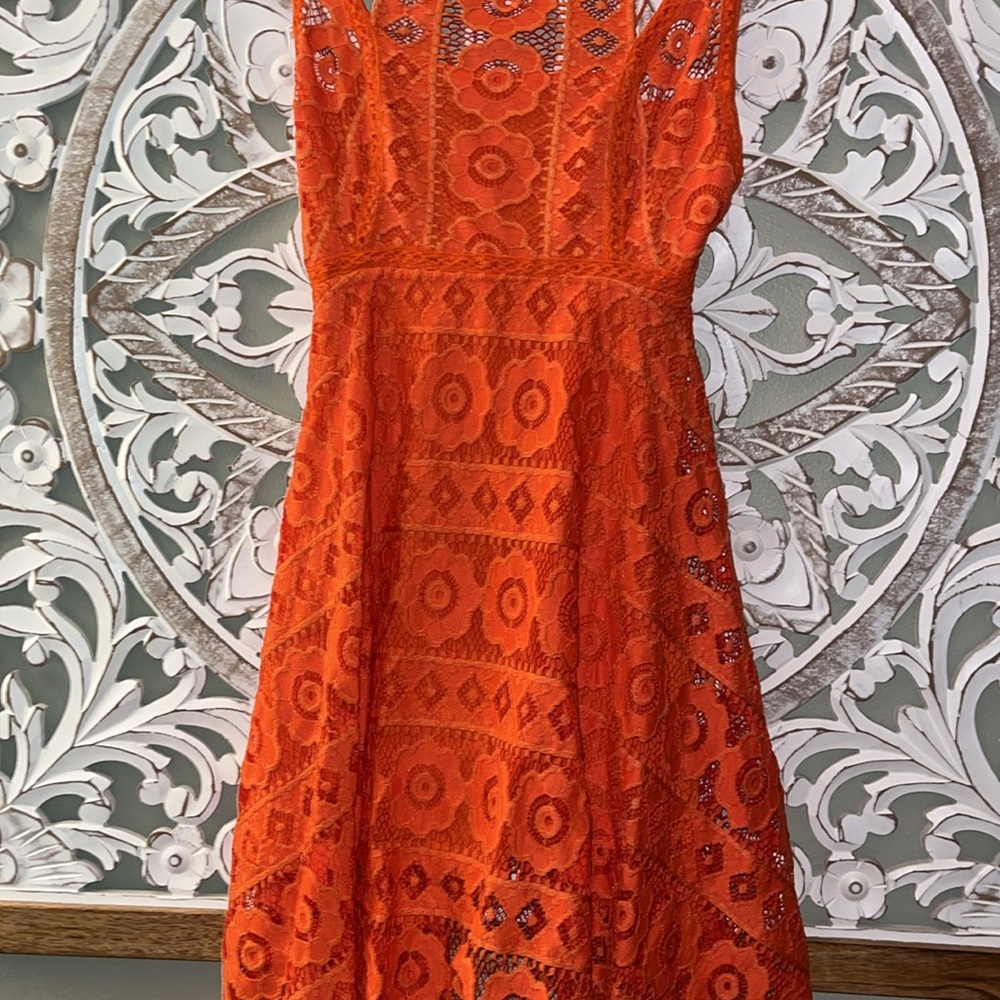 Free People Just Like Honey Orange Lace Mini Sleeveless Dress SZ 0 EUC - Picture 6 of 16
